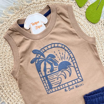 Conj. Regata No Bad Waves e Bermuda em Moletinho - Marrom e Marinho